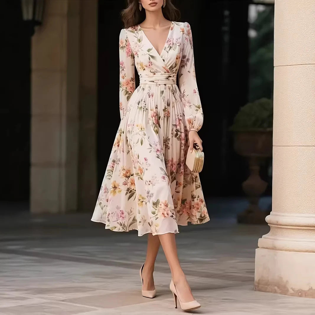 Robe Longue Manches Longues Col V Imprimée - Rose