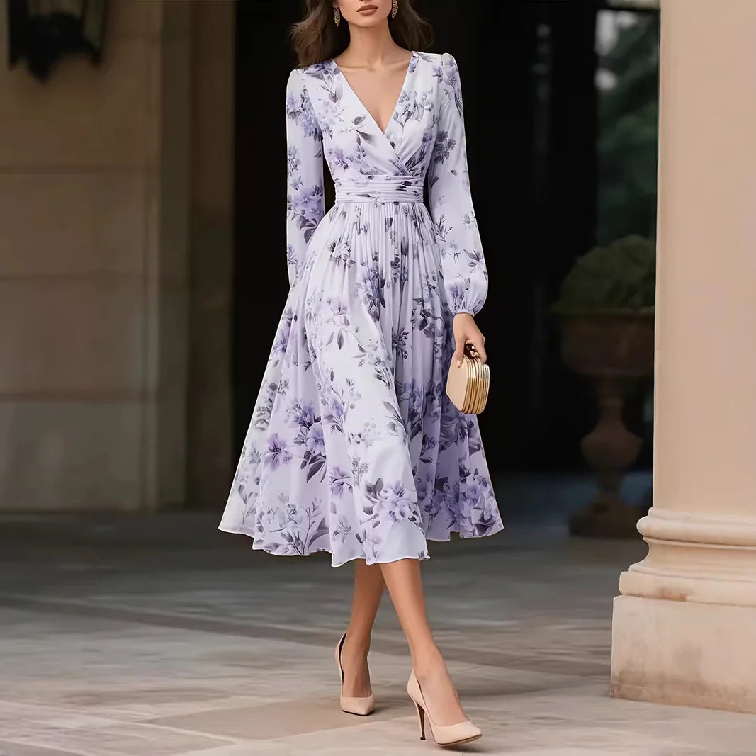 Robe Longue Manches Longues Col V Imprimée - Violet