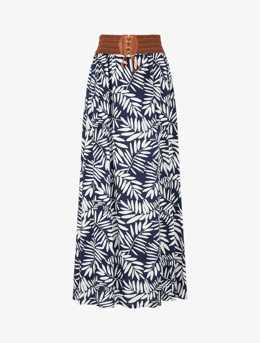 Jupe longue imprimé feuillages - Marine