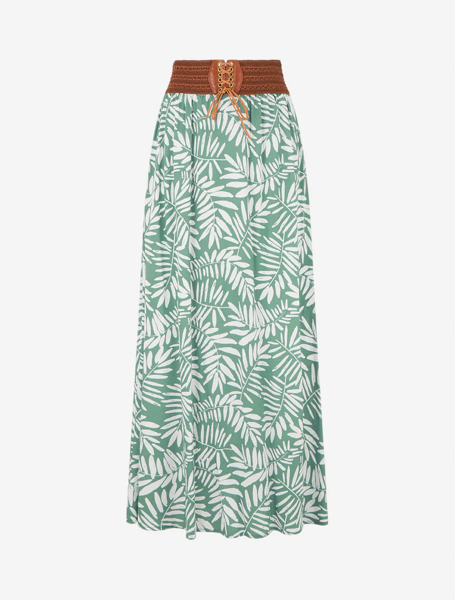 Jupe longue imprimé feuillages - Vert d'eau