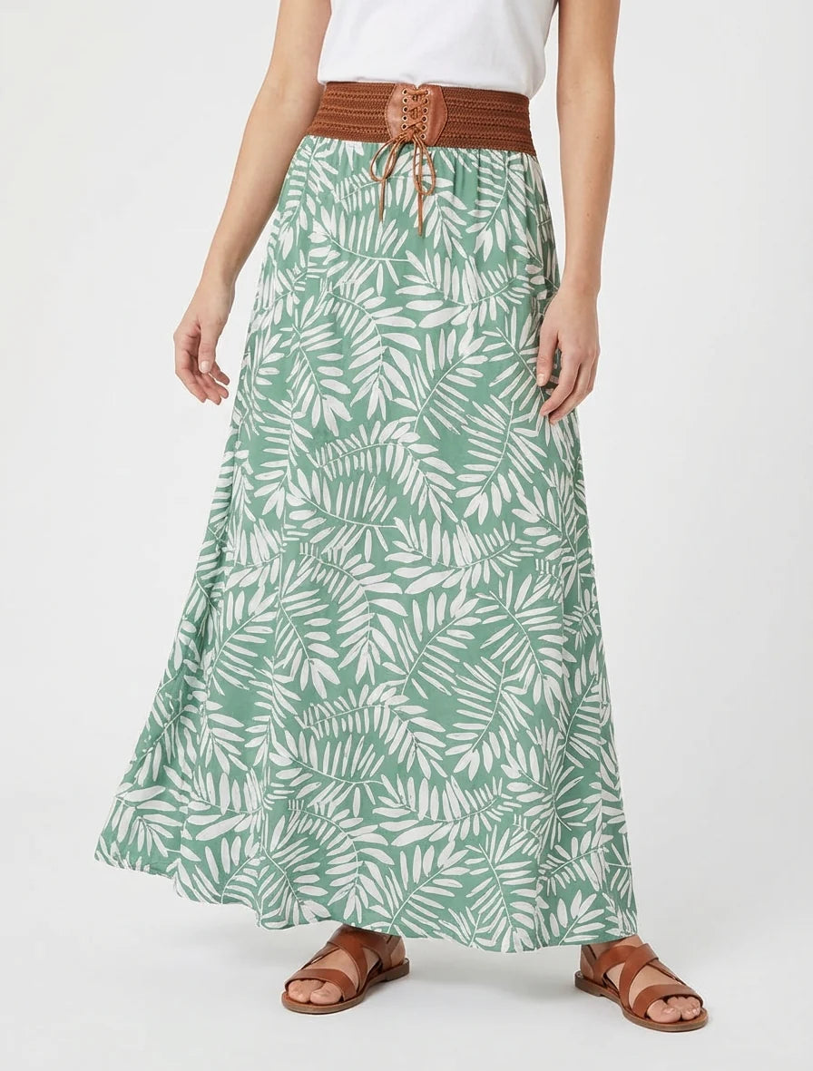 Jupe longue imprimé feuillages - Vert d'eau