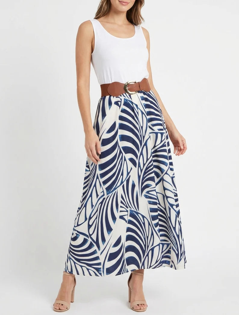 Robe longue sans manches imprimé feuilles - Marine