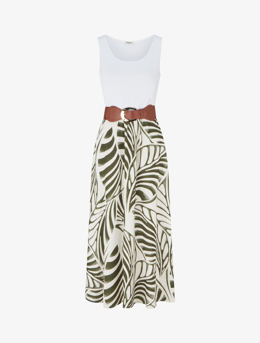 Robe longue sans manches imprimé feuilles - Kaki