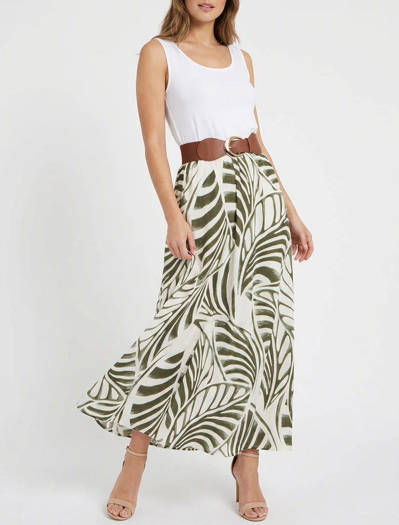 Robe longue sans manches imprimé feuilles - Kaki