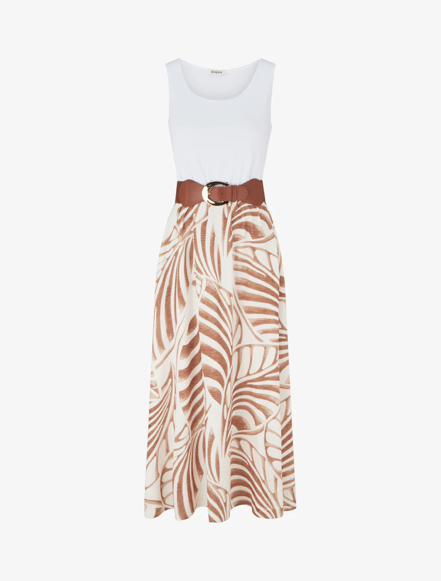 Robe longue sans manches imprimé feuilles - Beige