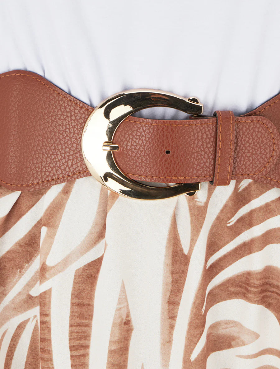 Robe longue sans manches imprimé feuilles - Beige