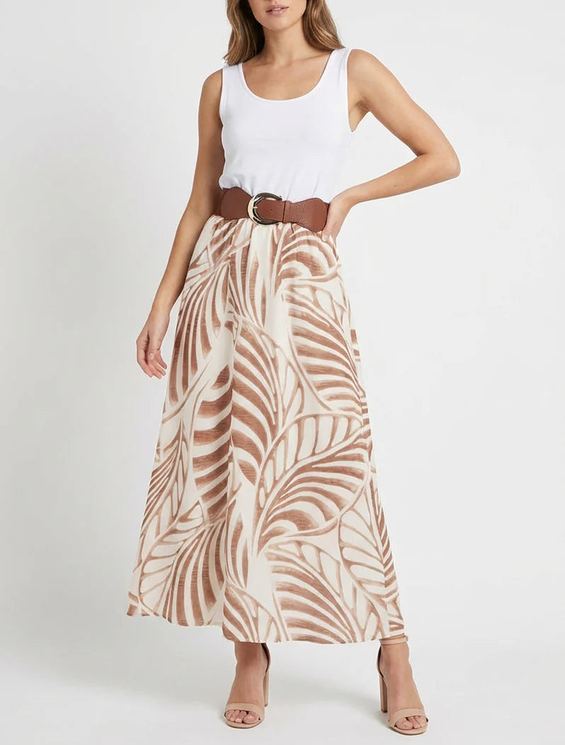 Robe longue sans manches imprimé feuilles - Beige