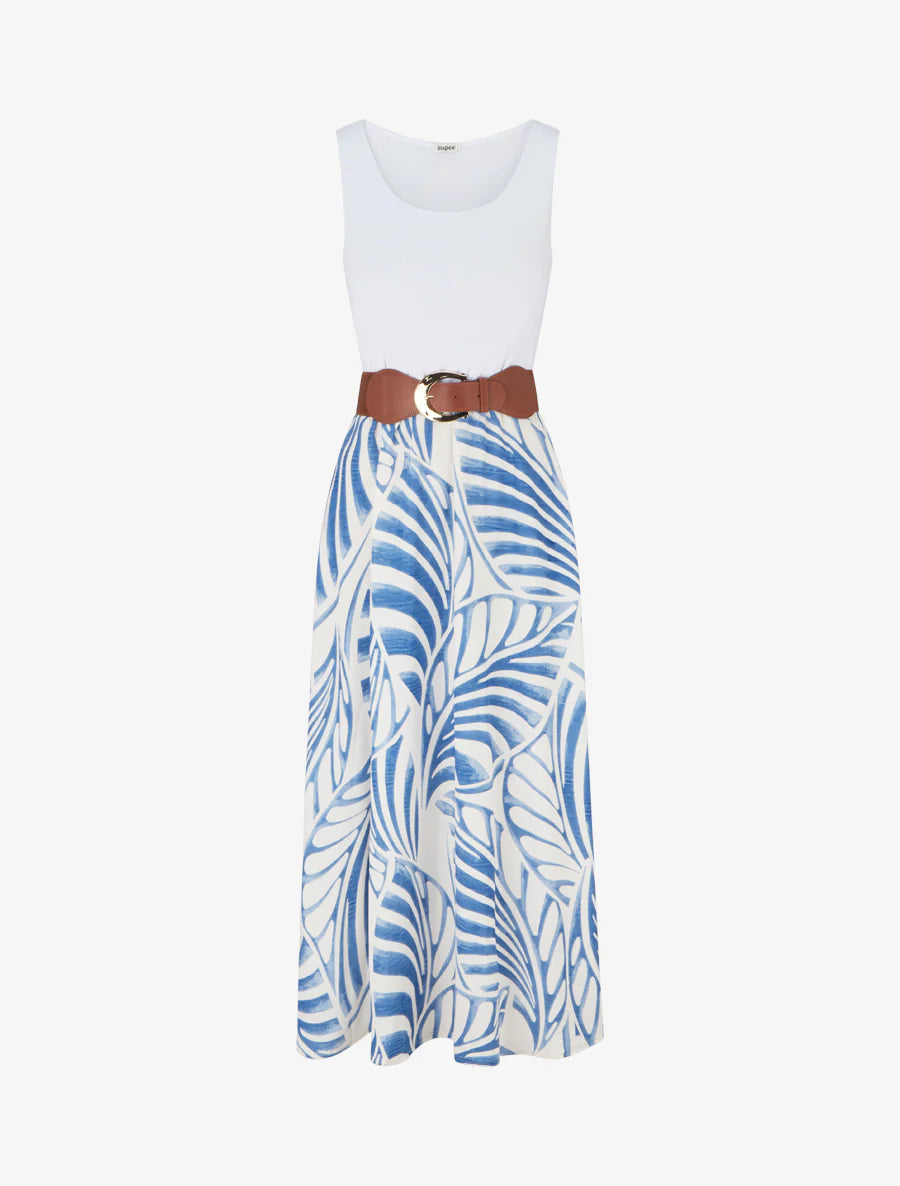 Robe longue sans manches imprimé feuilles - Bleu