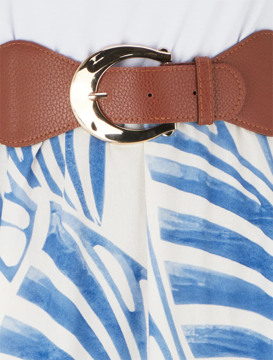 Robe longue sans manches imprimé feuilles - Bleu