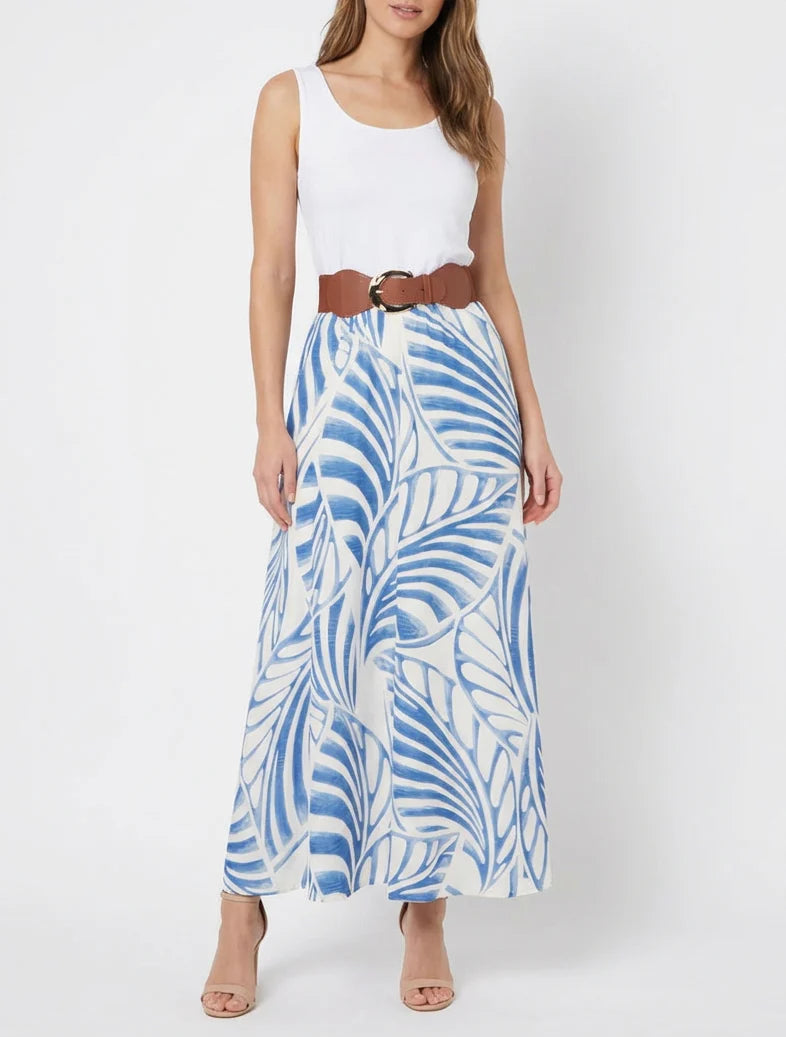 Robe longue sans manches imprimé feuilles - Bleu