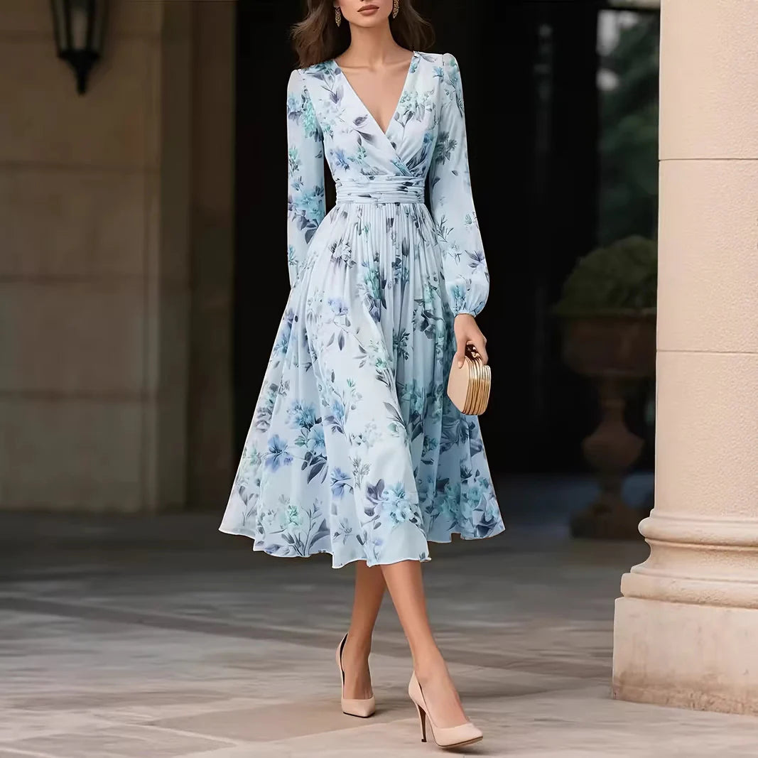 Robe Longue Manches Longues Col V Imprimée - Bleu