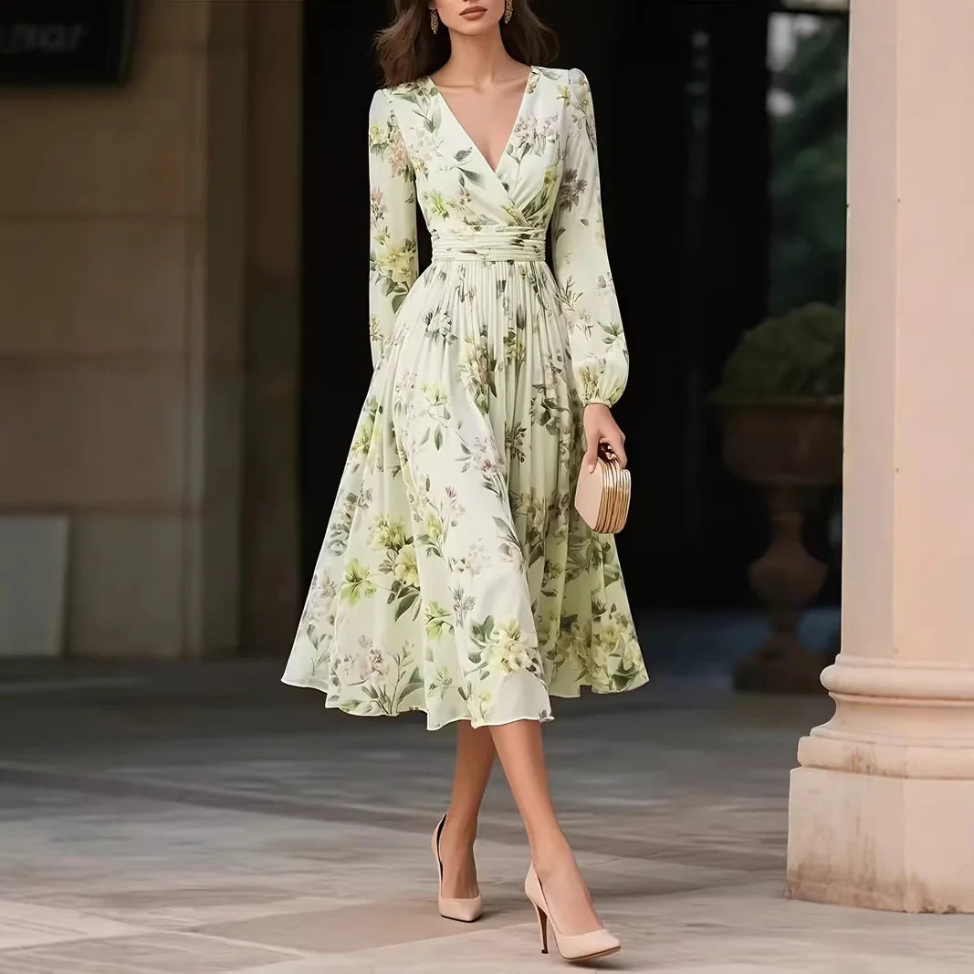 Robe Longue Manches Longues Col V Imprimée - Vert