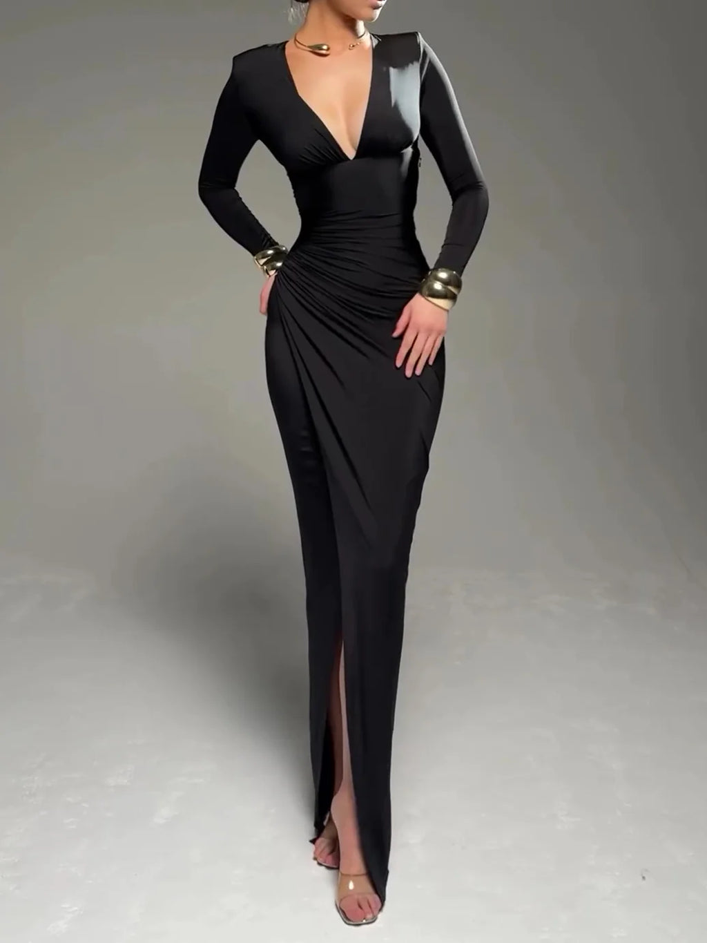 Robe Longue Col V Plissée